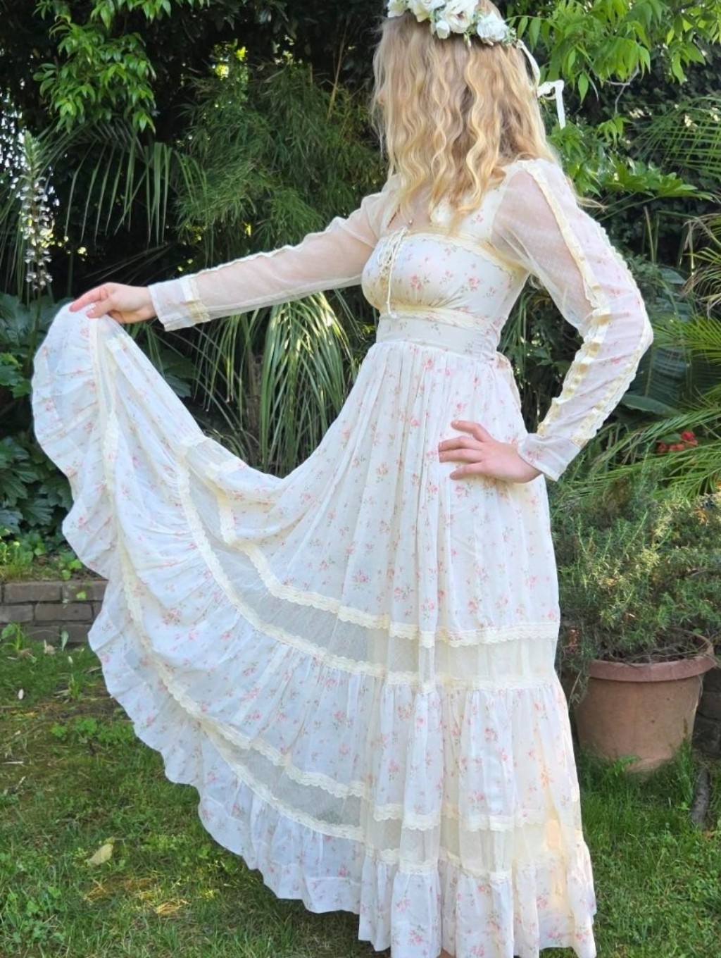 Gunne Sax Maxi Dress Size 7 S Tulle Prairie Corset Vintage 70s Cream Floral